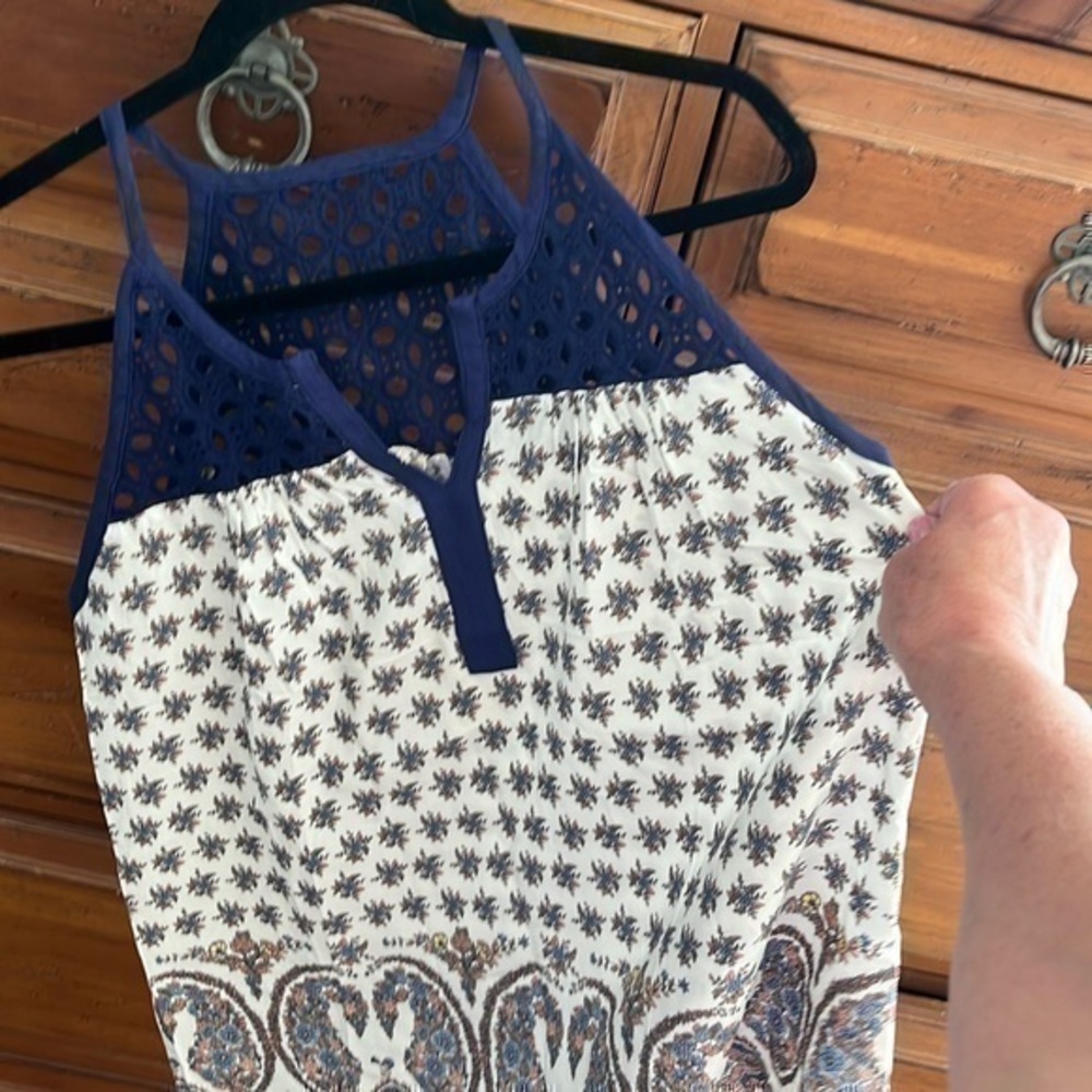 Hem & Thread Navy and Cream Sleeveless Crochet Yoke Tank Top